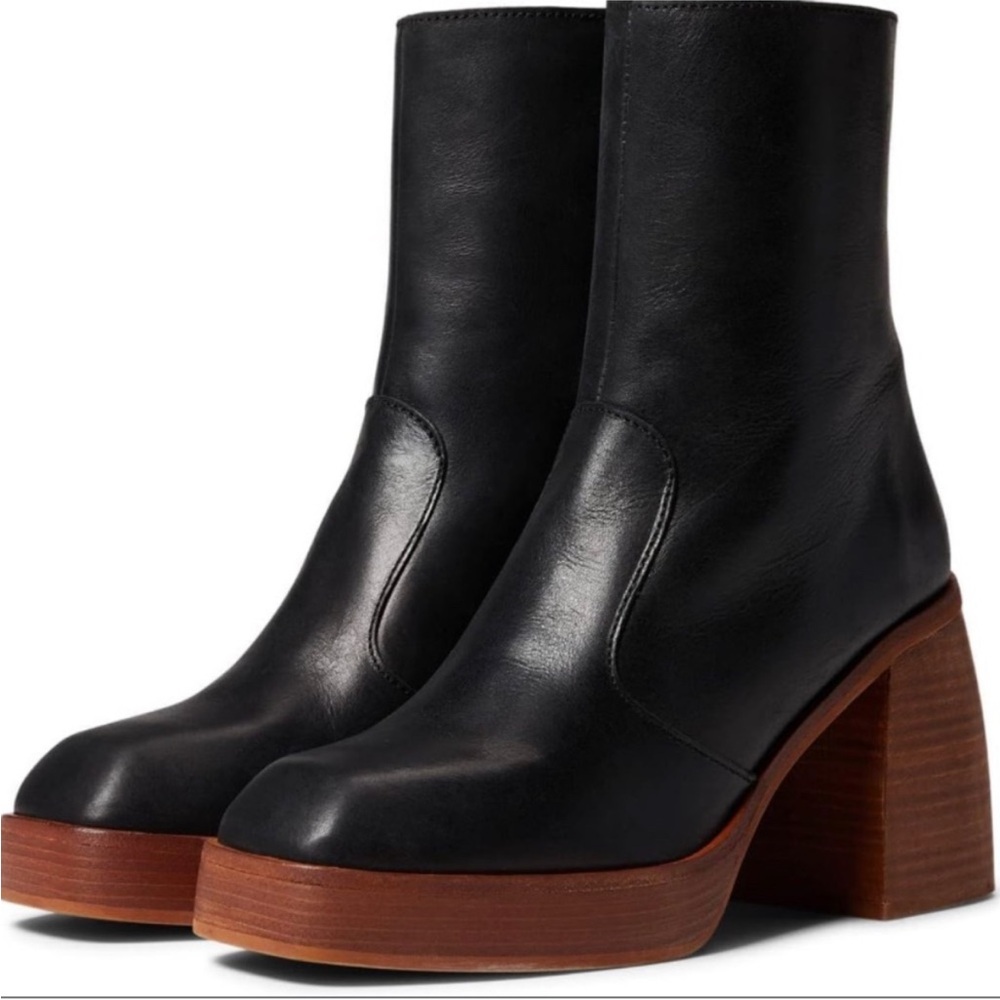 Free People Black Leather Platform Block Heel Ankle Boots